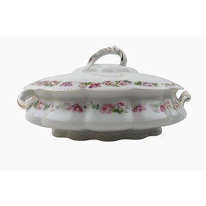 Limoges Covered Vegetable Bowl Pink Flowers Gold Accents Austria Scalloped Edge